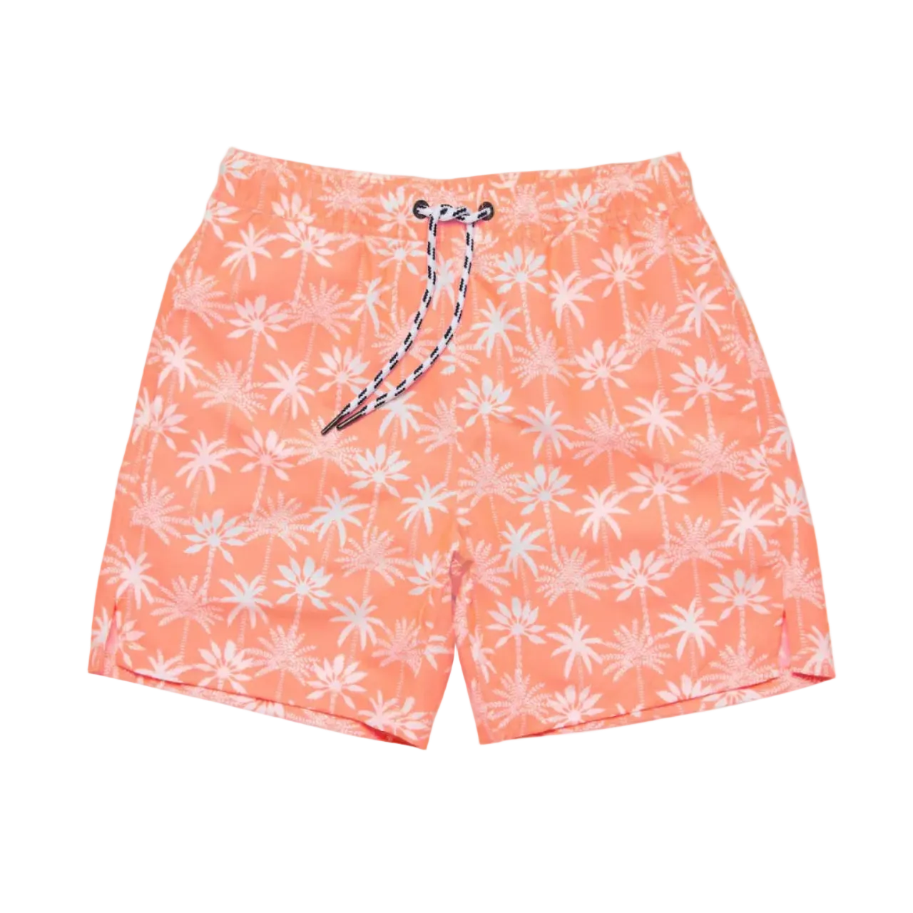 Coral swim shorts with white floral pattern on a white background