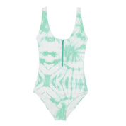 Green and white tie-dye swimsuit with a zipper on a white background
