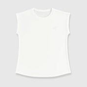A white short-sleeved t-shirt with embroidery on the chest area.