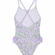 One-piece swimsuit with floral pattern on a white background