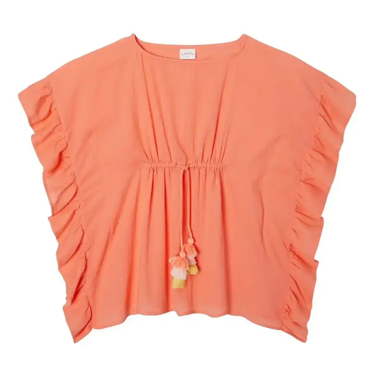 Coral-colored blouse with ruffled sleeves on a white background