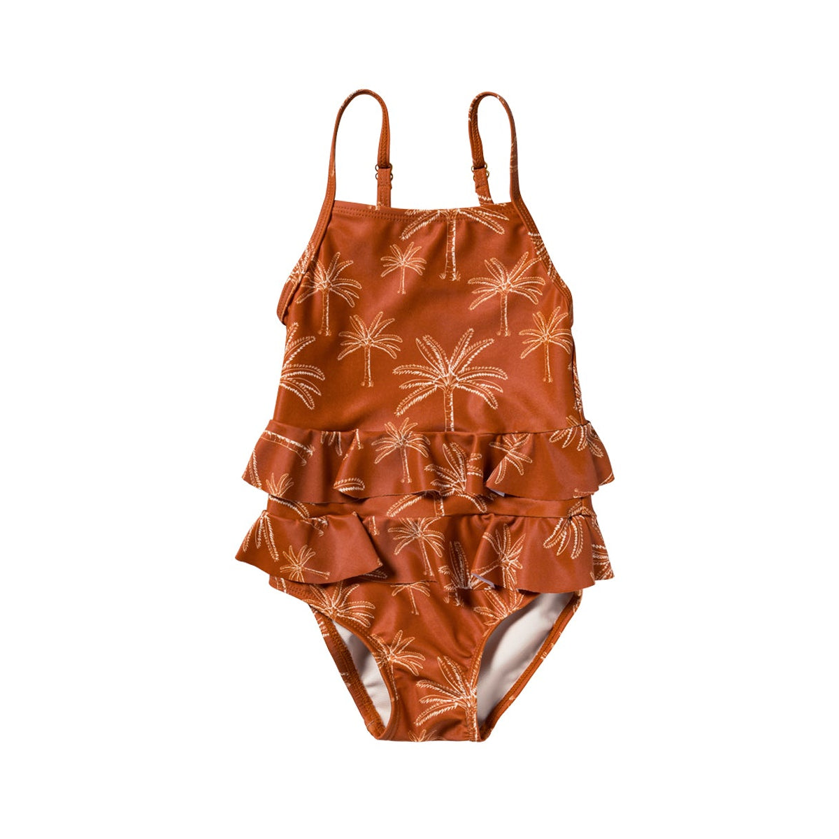 Brown ruffled swimsuit with palm tree pattern on a white background
