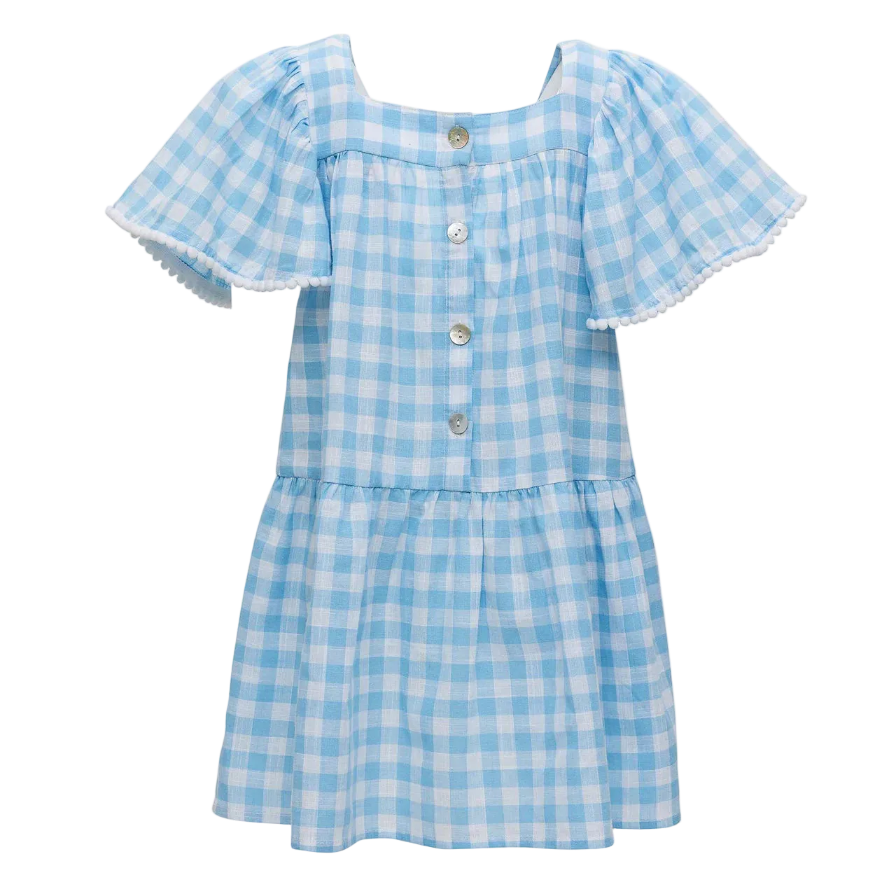 Blue and white checkered dress with ruffled sleeves on a white background