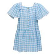 Blue and white checkered dress with ruffled sleeves on a white background