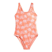 Coral one-piece swimsuit with white floral pattern on a white background