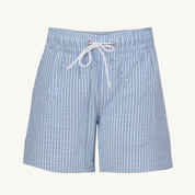 Blue and white striped shorts with a drawstring on a white background
