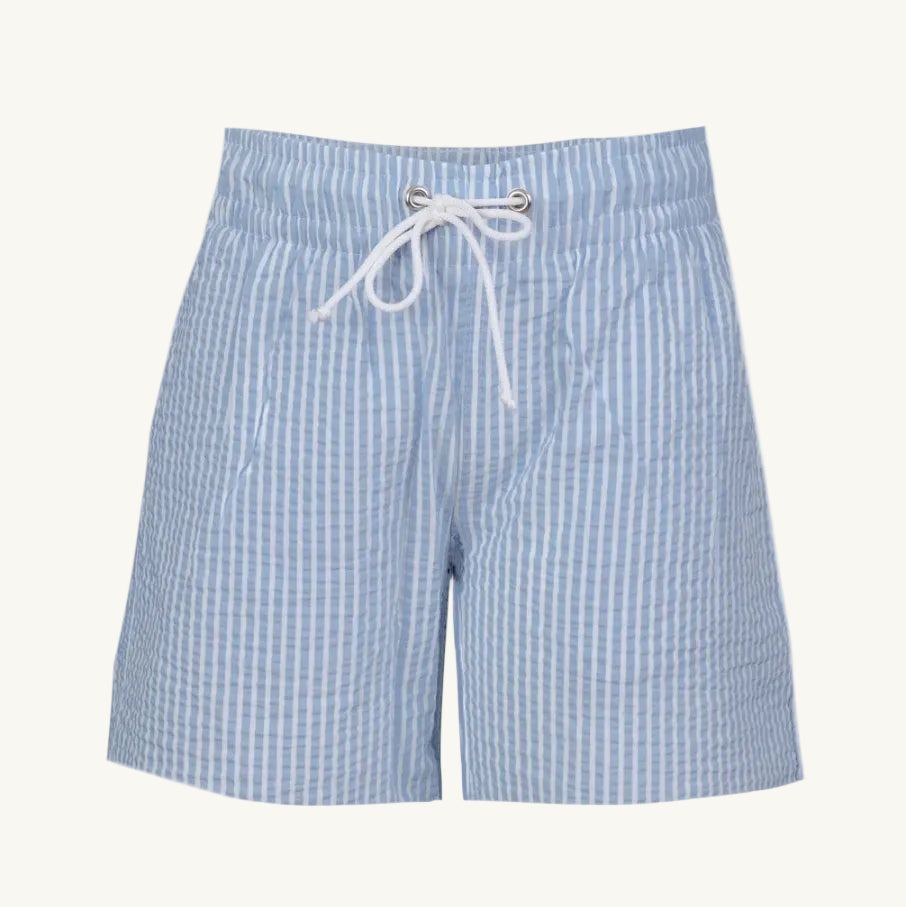 Blue and white striped shorts with a drawstring on a white background