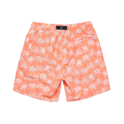 Peach-colored swim shorts with white floral pattern on a white background