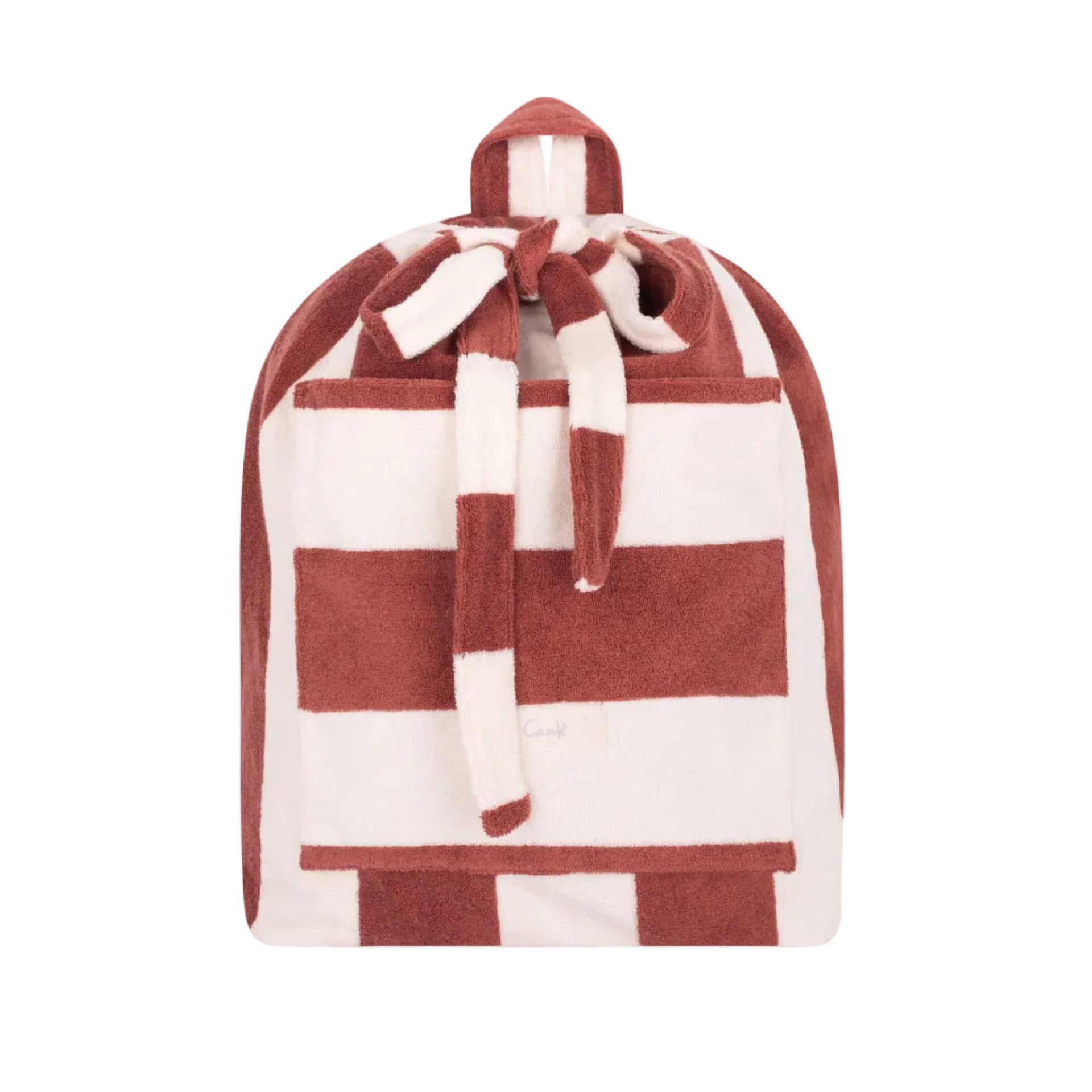 Red and white striped towel with hood on a white background