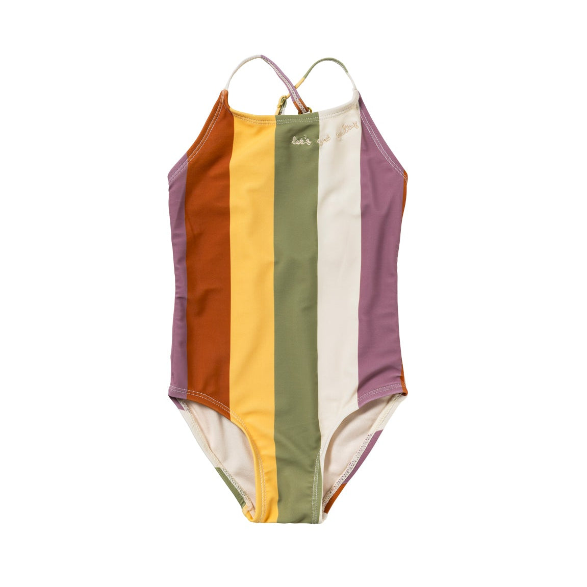Multicolored swimsuit with vertical stripes on a white background