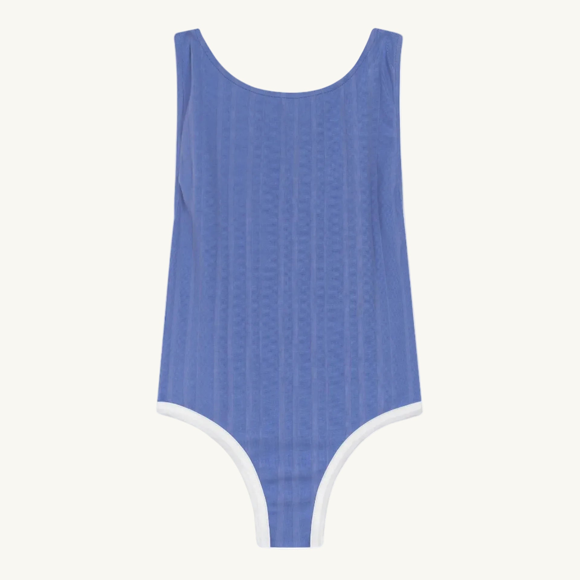 Blue swimsuit with white trim on a white background