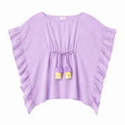 Purple top with ruffled sleeves and yellow accents on a white background