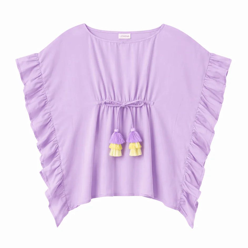 Purple top with ruffled sleeves and yellow accents on a white background