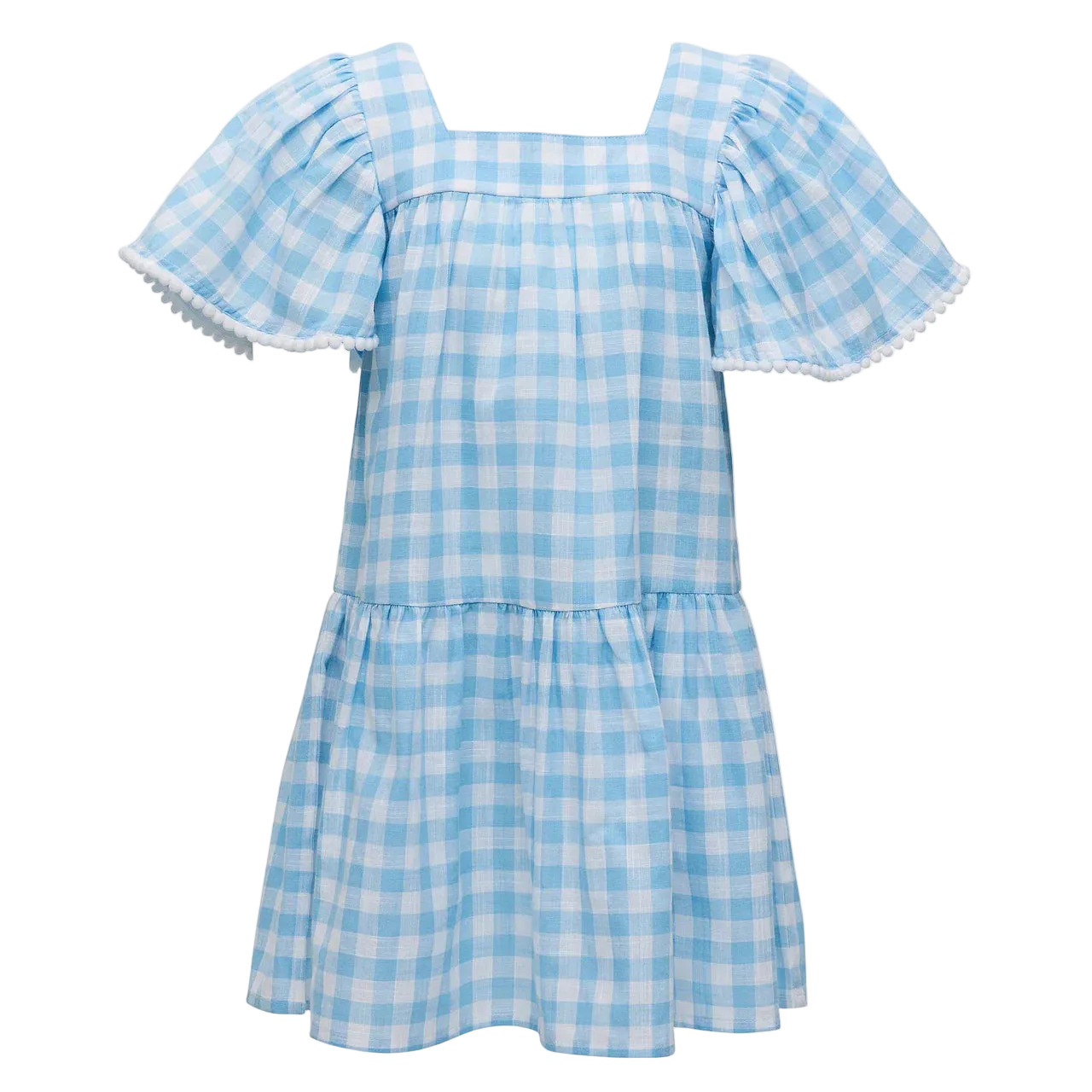 Blue and white checkered dress with ruffled sleeves on a white background
