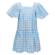 Blue and white checkered dress with ruffled sleeves on a white background