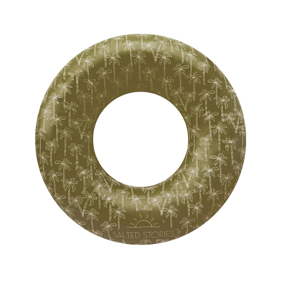 Green inflatable ring with palm tree pattern on a white background