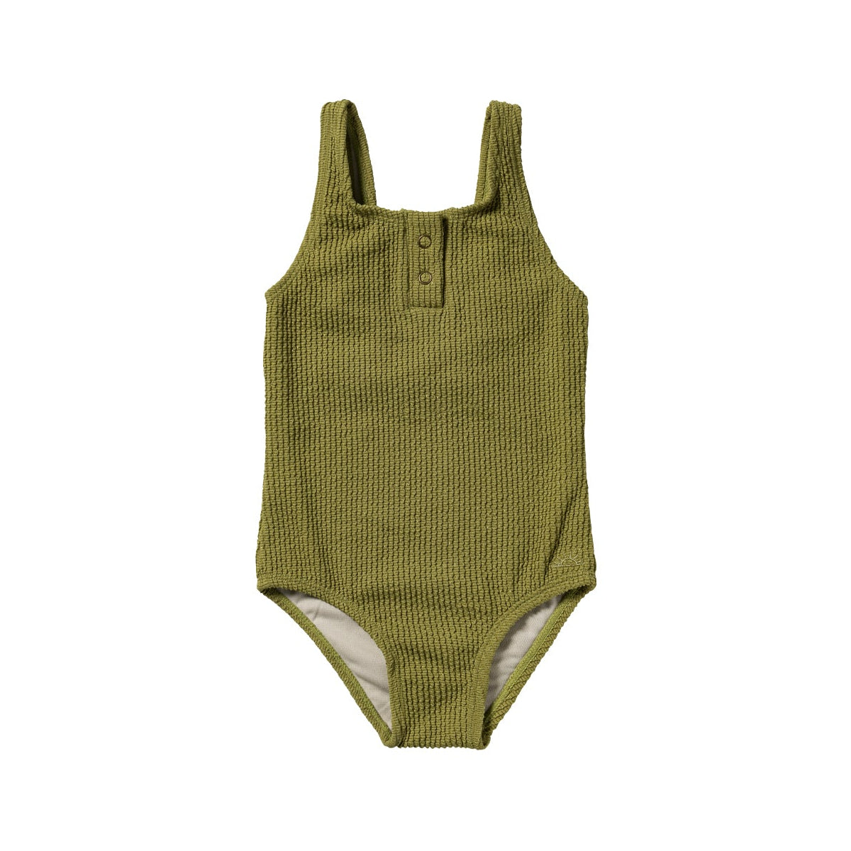 Green ribbed baby romper with button details on a white background