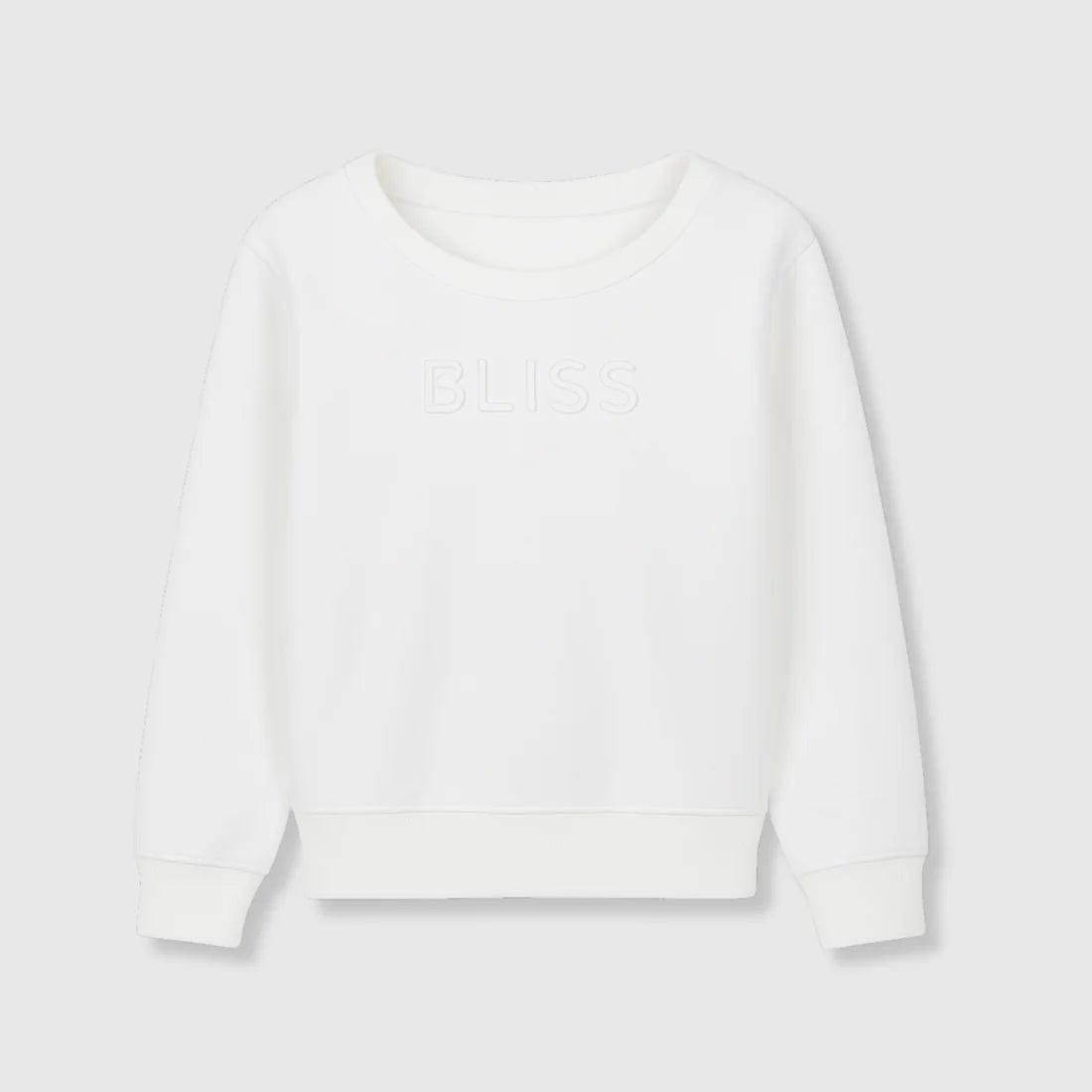 A white long-sleeved crew neck sweater.