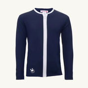 Navy blue long-sleeve shirt with a white zipper on a white background