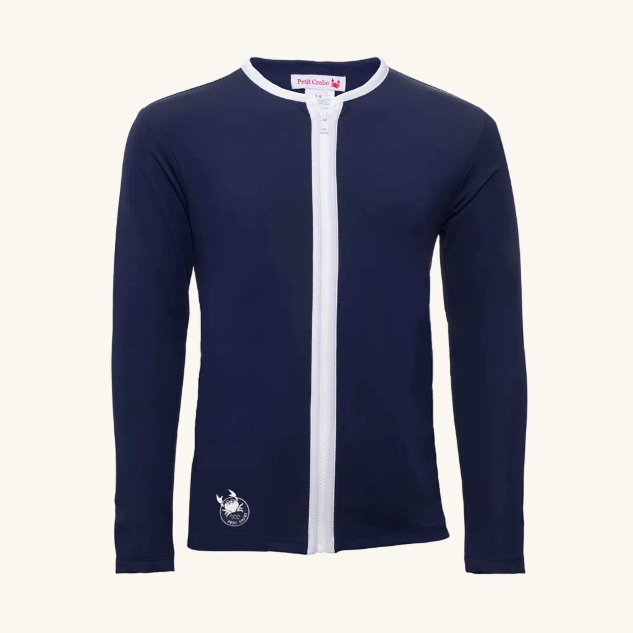 Navy blue long-sleeve shirt with a white zipper on a white background