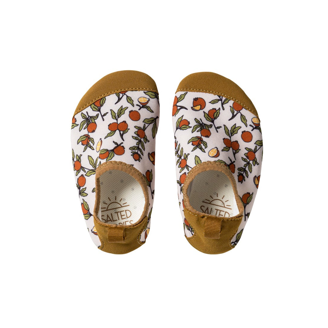 Pair of children's shoes with floral pattern on a white background