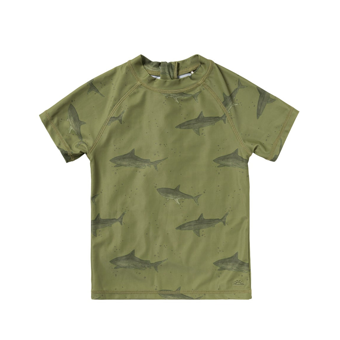 Green t-shirt with shark pattern on a white background