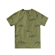Green t-shirt with shark pattern on a white background