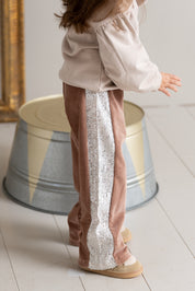 Wide Sequin Pants in Warm Taupe & Ecru