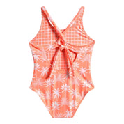 One-piece swimsuit with floral pattern on a white background
