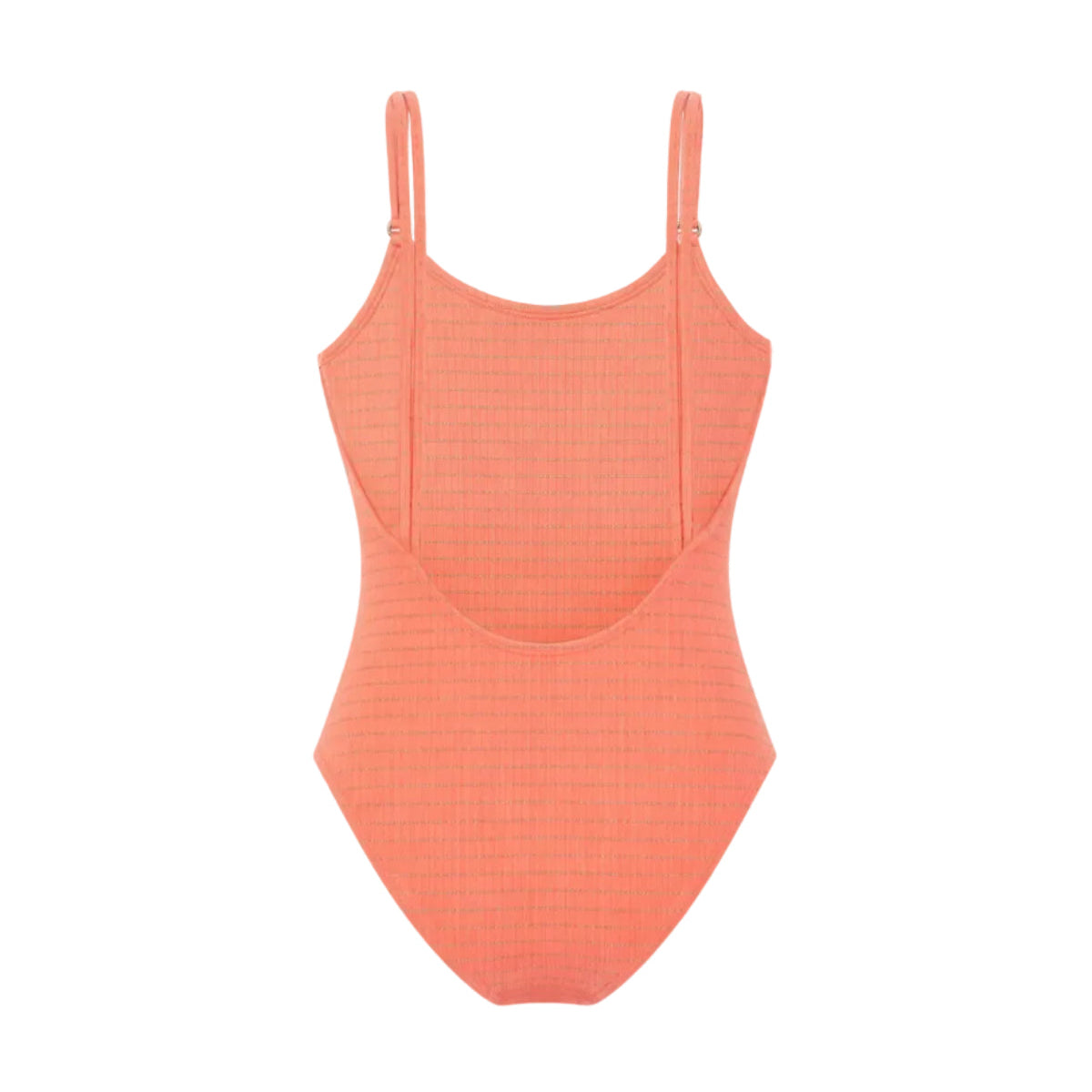 Coral one-piece swimsuit with thin straps on a white background