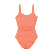 Coral one-piece swimsuit with thin straps on a white background