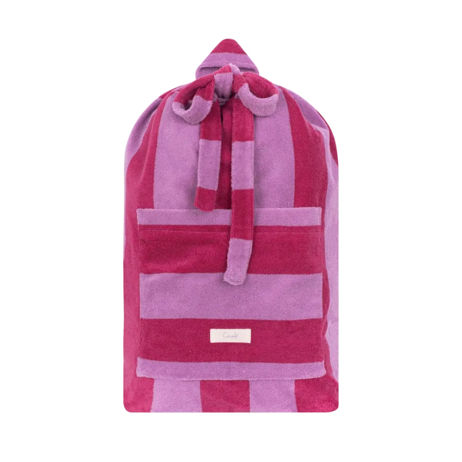 Pink and purple striped bag with a hood on a white background