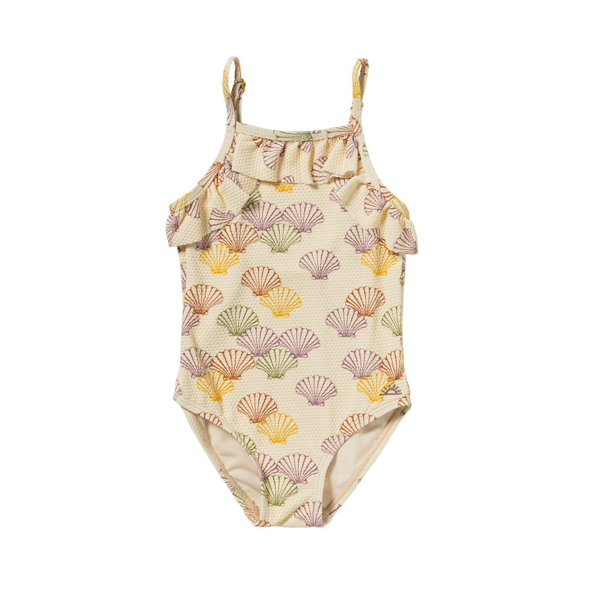 One-piece swimsuit with shell pattern on a white background