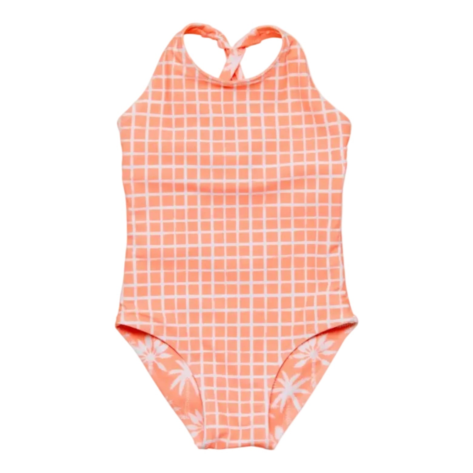 Coral checkered swimsuit with white floral details on a white background