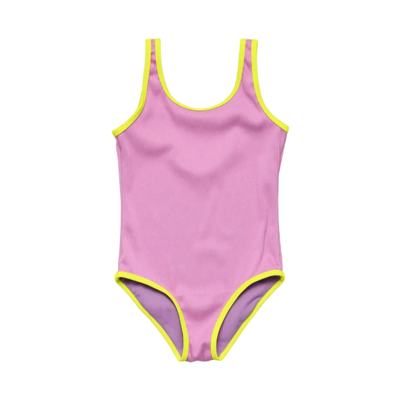 Pink swimsuit with yellow trim on a white background