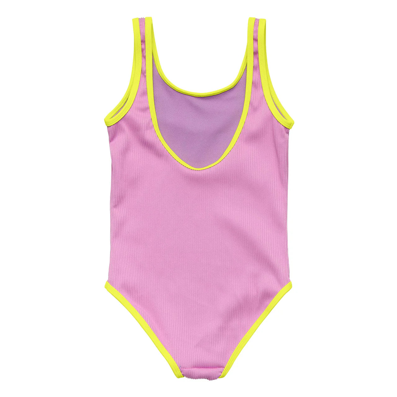 Pink swimsuit with yellow trim on a white background
