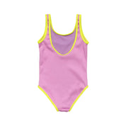Pink swimsuit with yellow trim on a white background