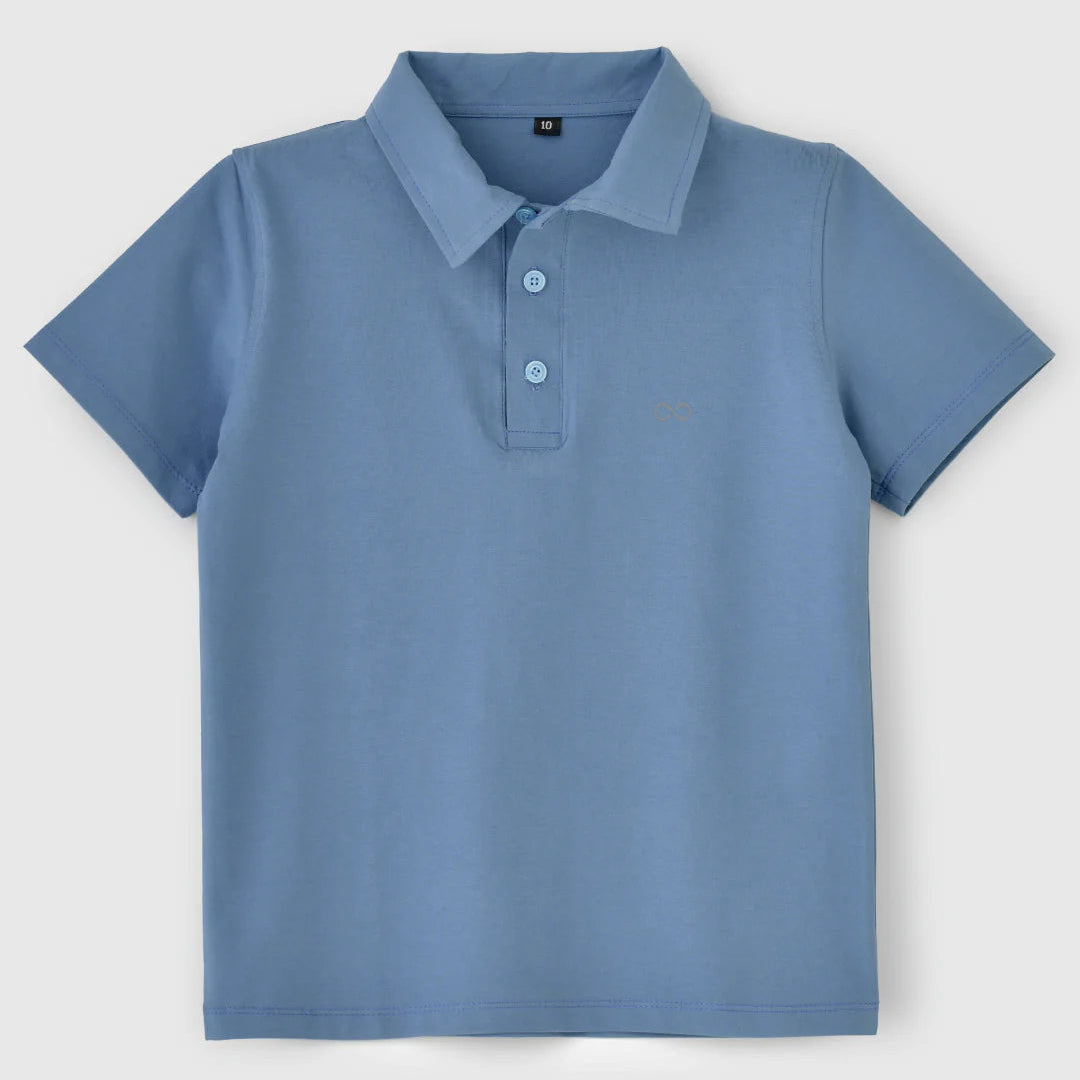 A misty blue polo shirt for kids with short sleeves, collar, and buttons.