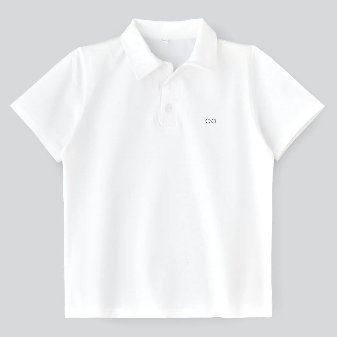 A white polo shirt for kids with a collar and short sleeves.