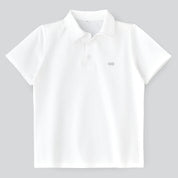 A white polo shirt for kids with a collar and short sleeves.