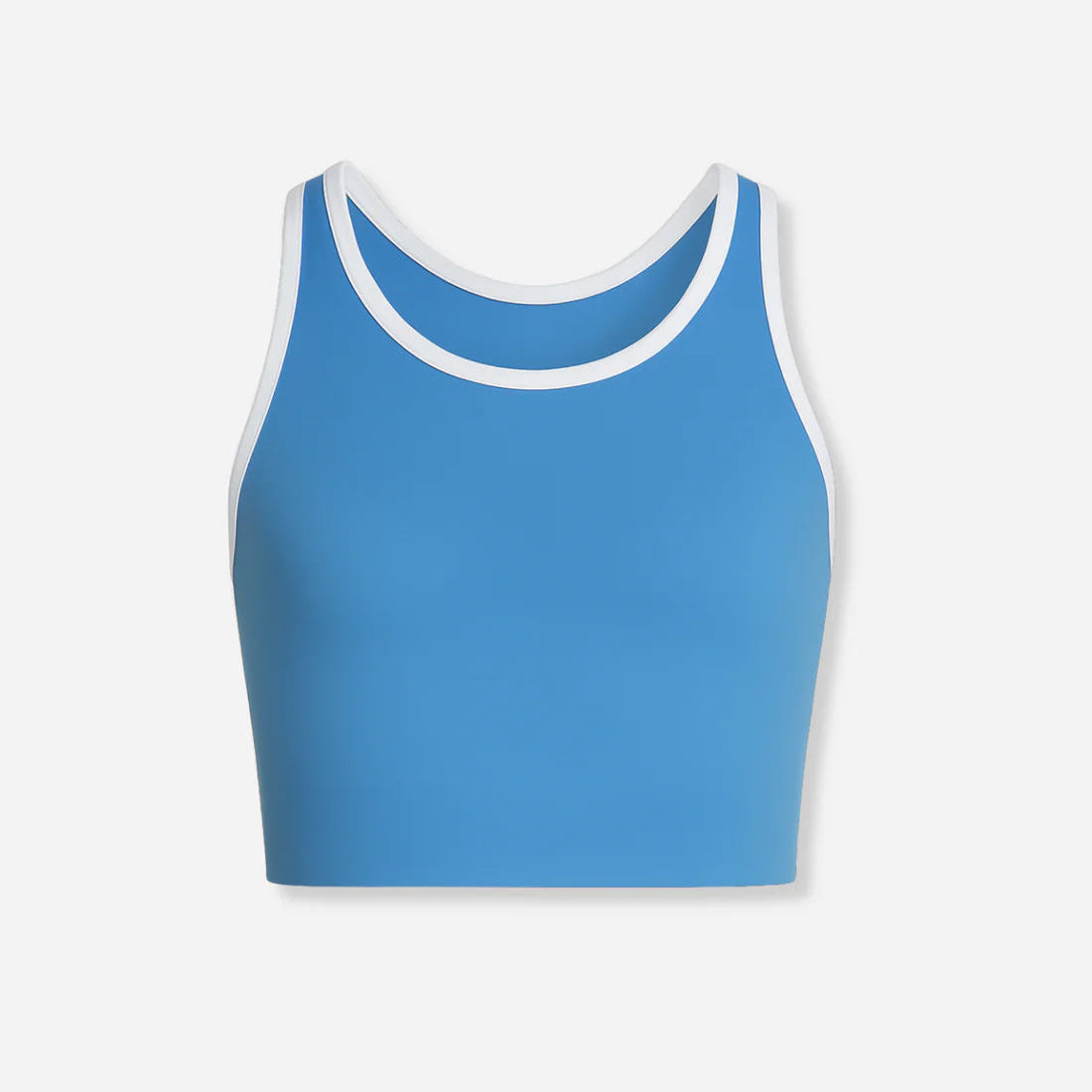 A sleeveless azure blue active top with white trim, designed for sports and everyday wear.