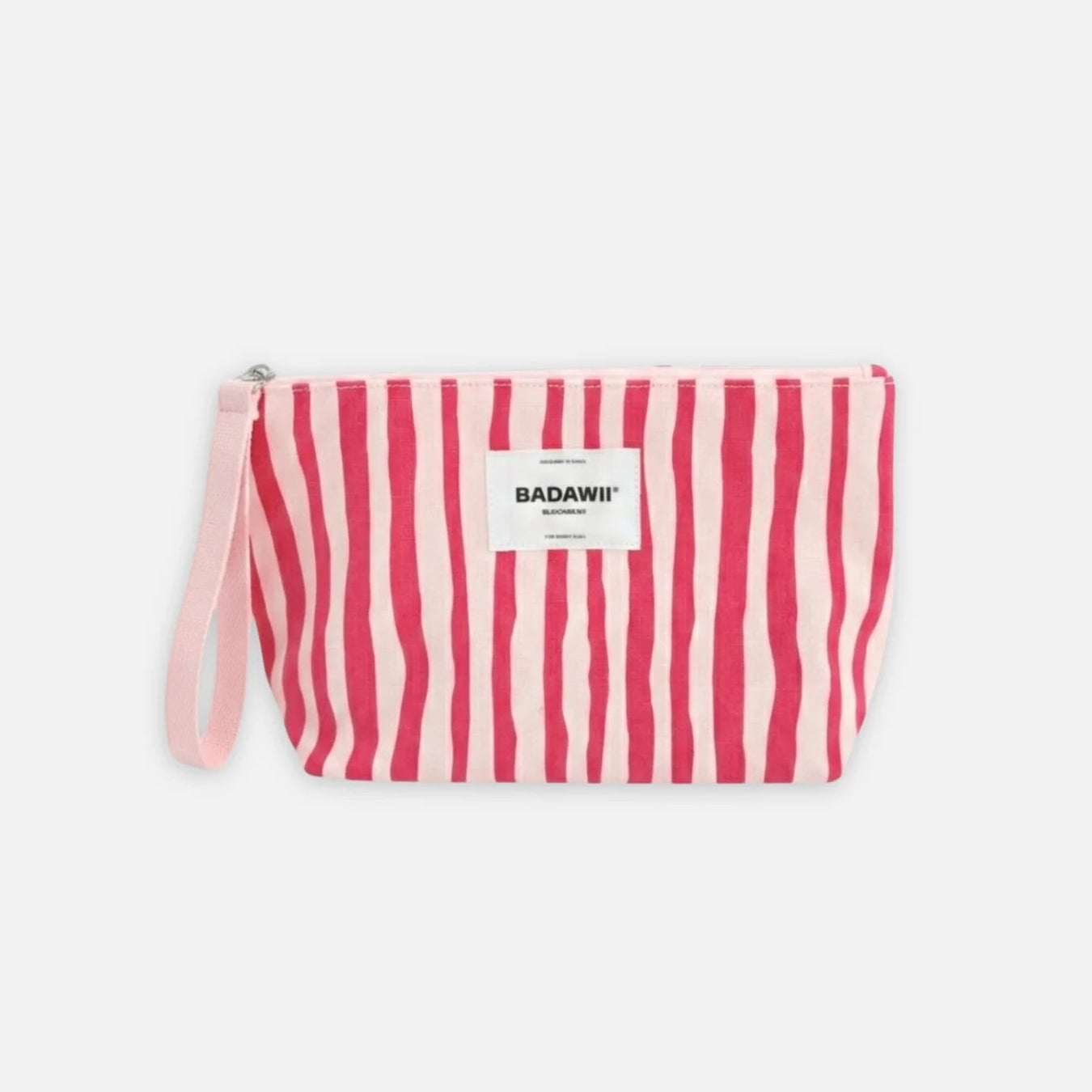 Striped pouch with a visible brand label on a white background