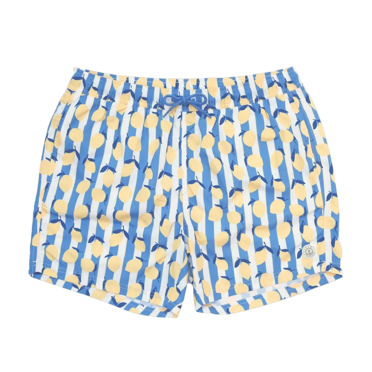 Blue and yellow patterned shorts on a light gray background