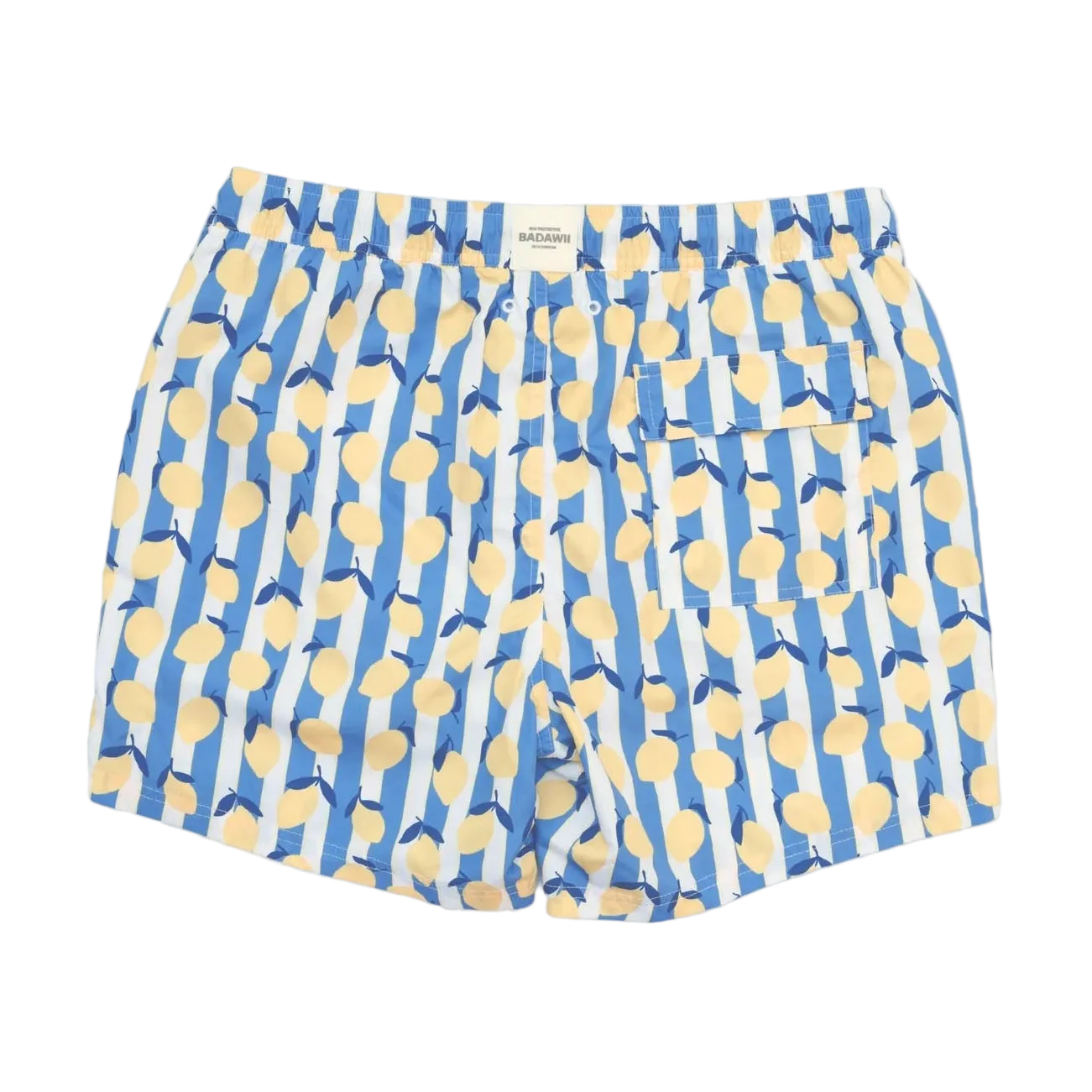 Blue swim shorts with yellow abstract pattern on a white background