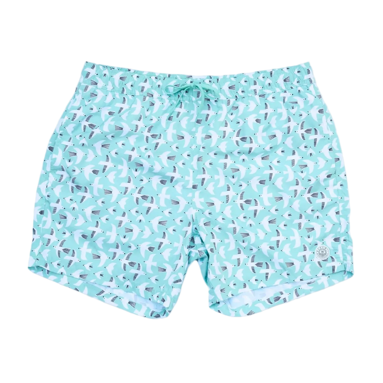 Blue swim shorts with a floral pattern on a white background