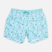 Blue swim shorts with a floral pattern on a white background