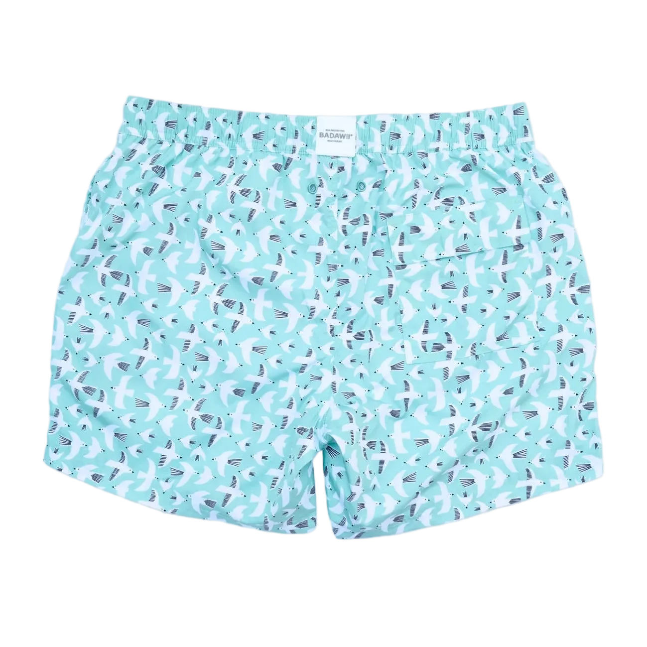 Blue swim shorts with a pattern on a white background