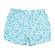 Blue swim shorts with a pattern on a white background