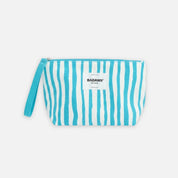 Blue and white striped pouch with a visible brand label on a light gray background