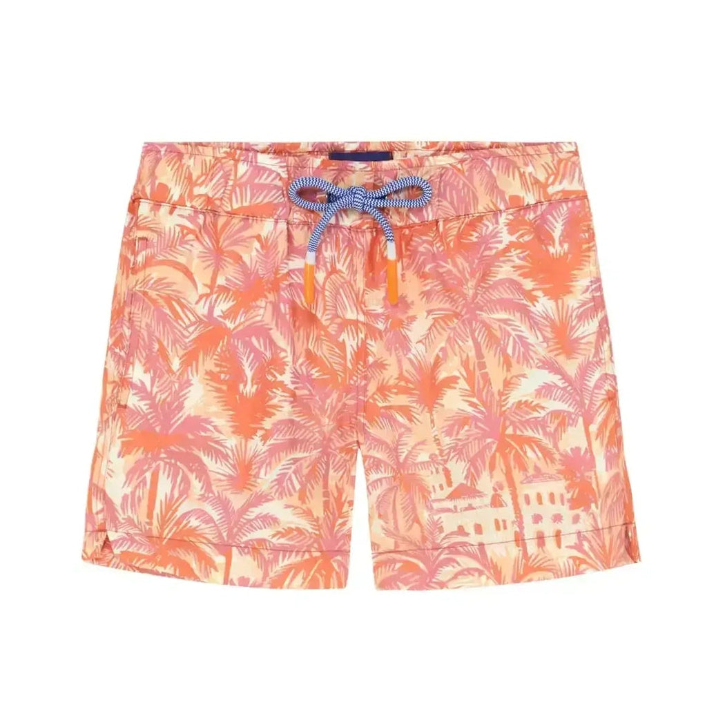 Pink floral-patterned shorts with a blue bow on a white background